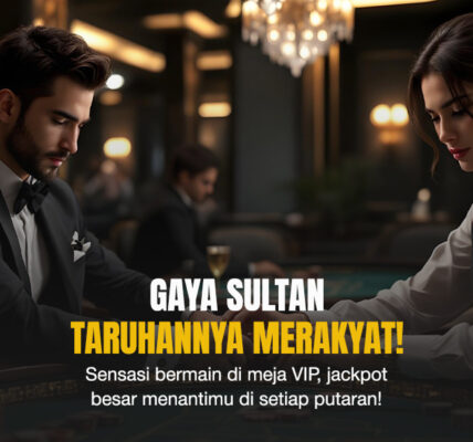 Seorang pria berpakaian jas rapi duduk serius di meja casino, berhadapan dengan dealer wanita elegan dalam ruangan VIP bernuansa eksklusif.