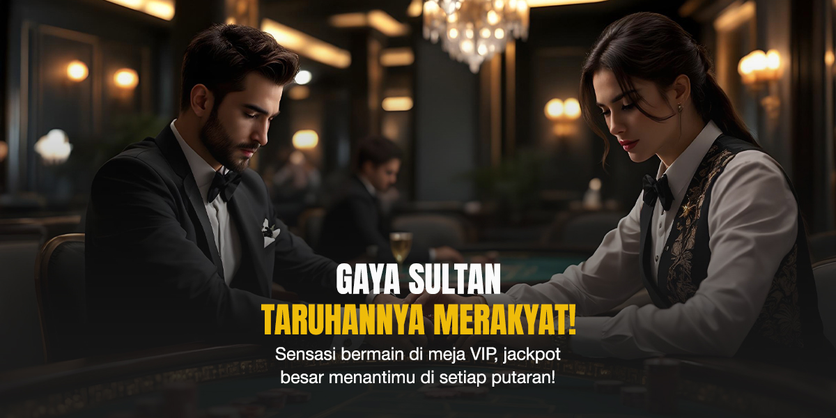 Seorang pria berpakaian jas rapi duduk serius di meja casino, berhadapan dengan dealer wanita elegan dalam ruangan VIP bernuansa eksklusif.